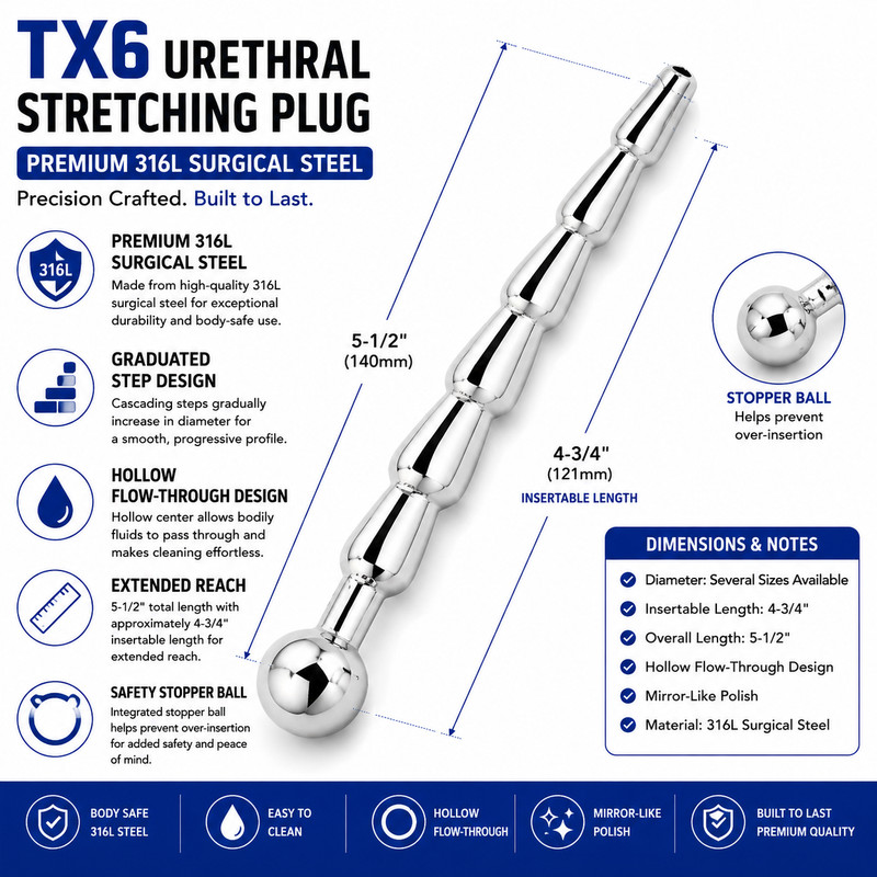 TX6 Urethral Sound Plug, Surgical Steel 5-1/2" Hollow Male Urethral Sounding gallery