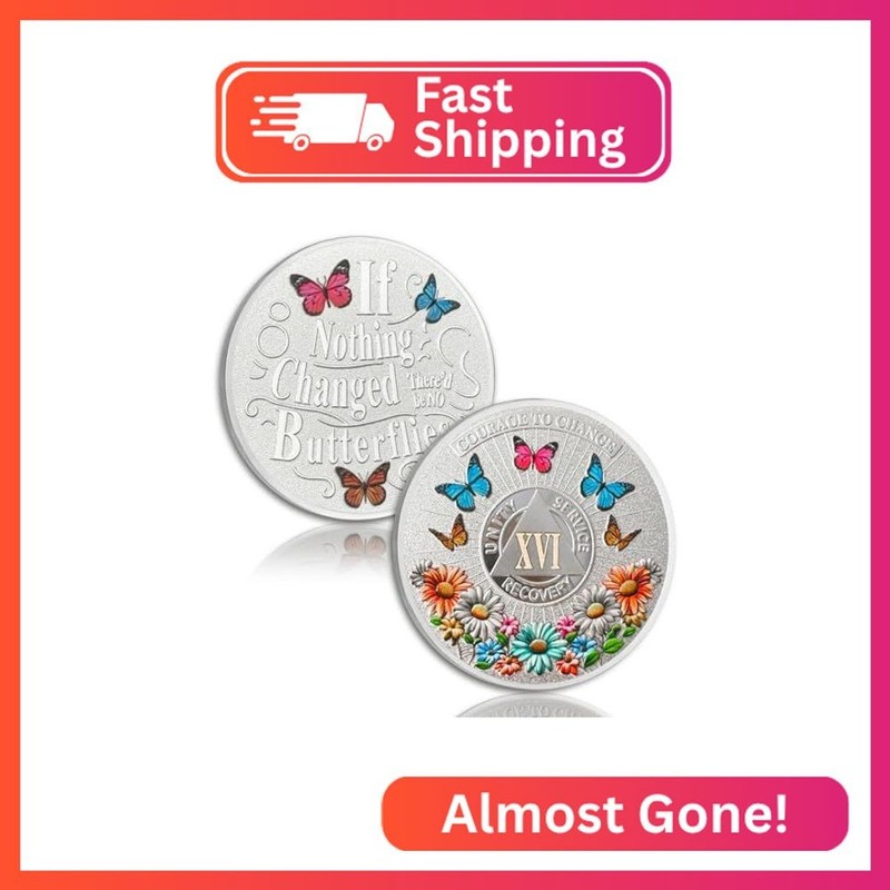 Colorful Sunflower 16 Year Sobriety Coin Butterfly Sixteen Year Sobriety Chip Co