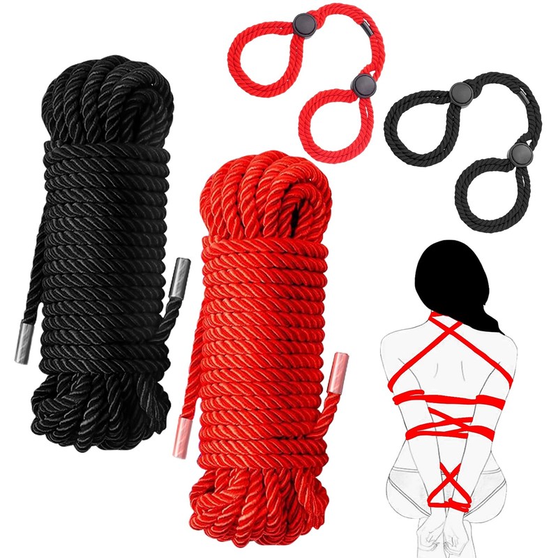 BDSM Bondage Rope Kit 4PCS Sex Restraints with 2x32ft Soft Nylon Black, Red
