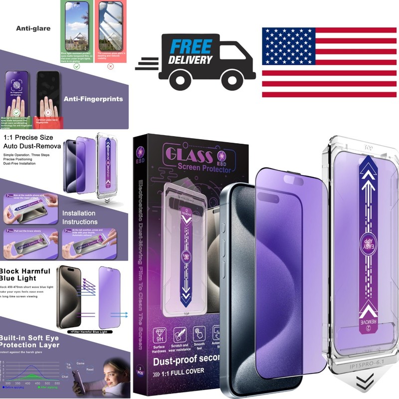 iPhone 15 Pro Screen Protector 2 Pack 9H Hardness Anti Blue Light Full Coverage