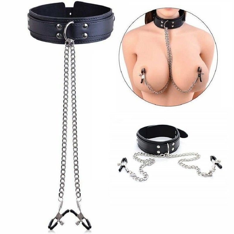 PU Leather Collar With Nipple SM Bondage Clamps Play Sex Toys for Couples