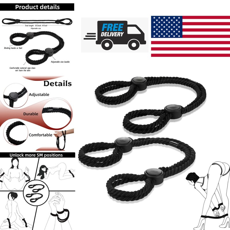 Rope Handcuffs Bracelets Set of 2 Adjustable Cotton BDSM Restraints in Black