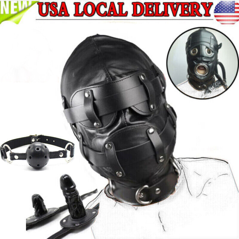 PU Leather Hood Headgear Mask Open Mouth Gag Dildo Gag Slave Restraints Roleplay