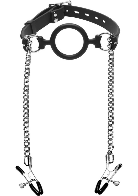 Master Series Mutiny Silicone O-Ring Gag with Nipple Clamps - Black gallery
