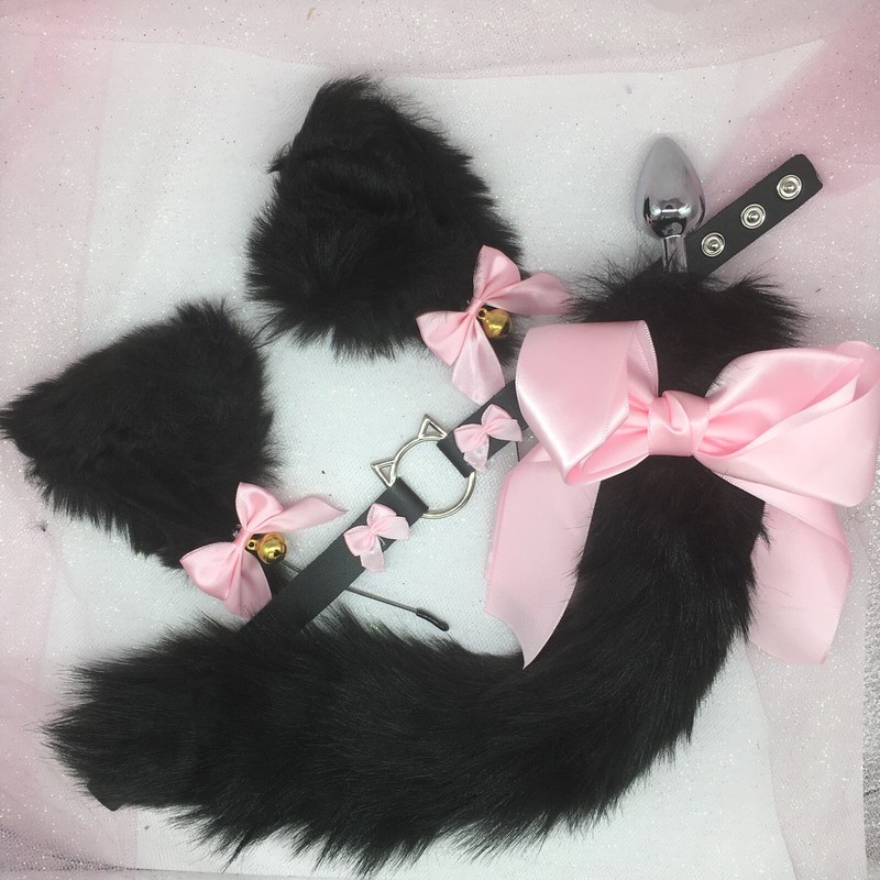 Customized Black Kitten Cat Set BDSM DDLG Pet Play Tail Ears Collar Butt Plug