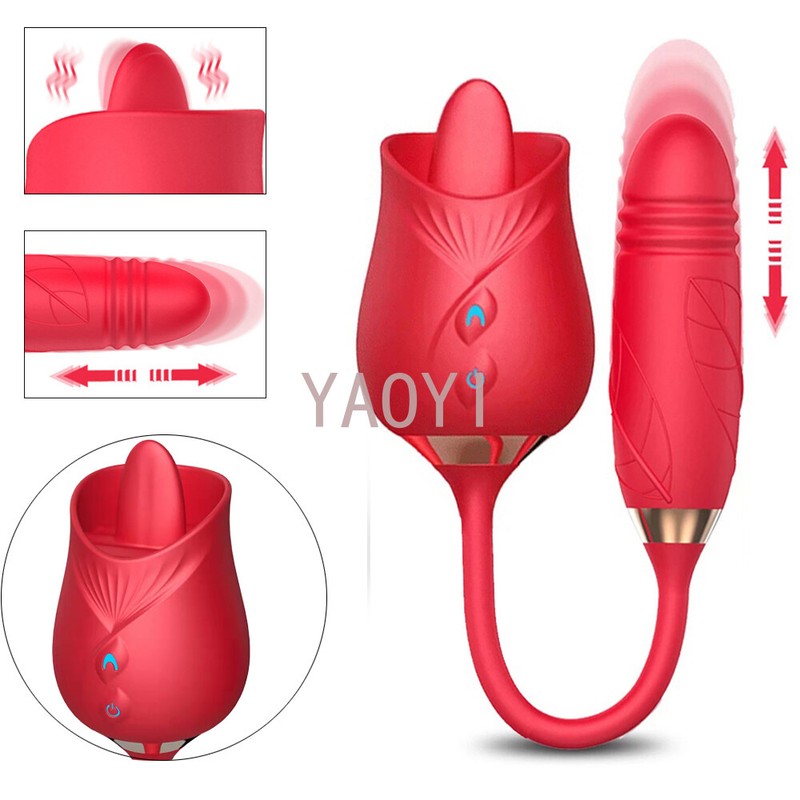 Rose Thrusting Toy for Women Oral Licking Telescopic Dildo Bullet Sex Vibrators