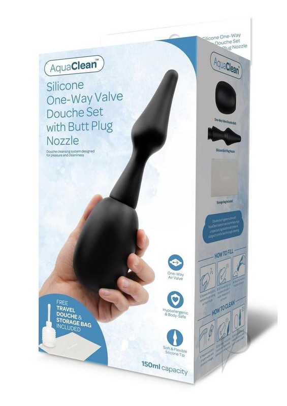 AquaClean 150ML One Way Valve Douche with Butt Plug Nozzle – Black