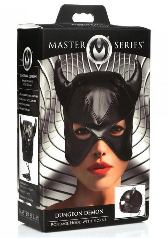 Master Series Dungeon Demon Bondage Hood with Horns – Black