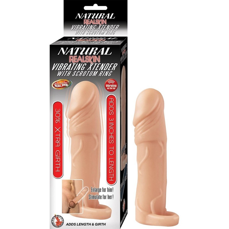 Natural Realskin Vibrating Cock Penis Extension Extender Xtender with Ball Ring