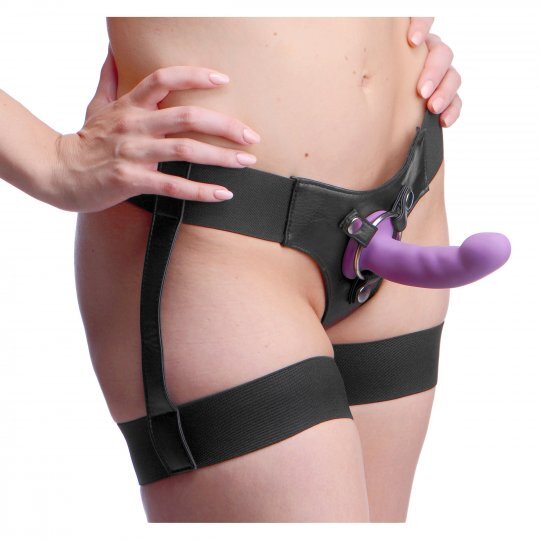 Bardot Garter Belt Strap On Harness w Purple Silicone G-Spot Dildo Pegging U Peg