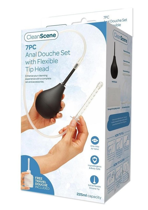 CleanScene Anal Douche Set with Flexible Tip Head (7 Piece) – Black/White