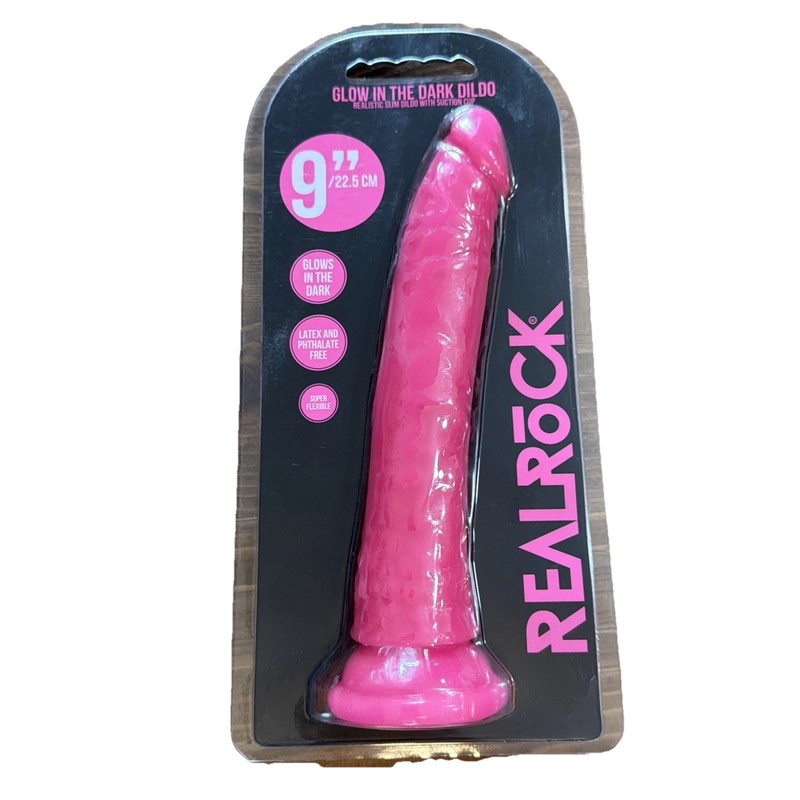 Realrock 9 inches Realistic Dildo With Suction Cup Glow In The Dark Pink, New