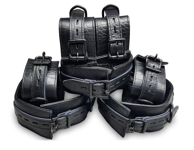 7 Piece Black Crocodile Leather Bondage Restraint Set Heavy Duty Locking Cuffs