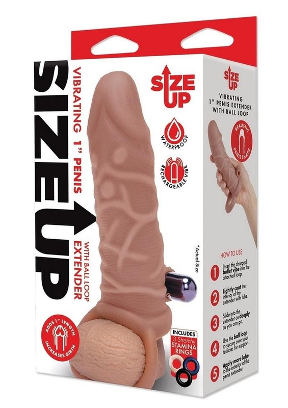 Size Up Silicone Vibrating Realistic Penis Extender with Ball Loop 1in