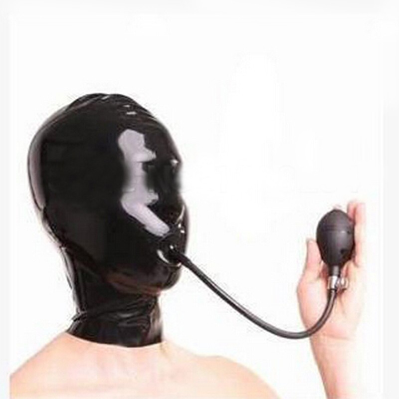 Latex Hood with Inflatable Mouth Gag Open Nose Back Zipper Rubber Club Mask