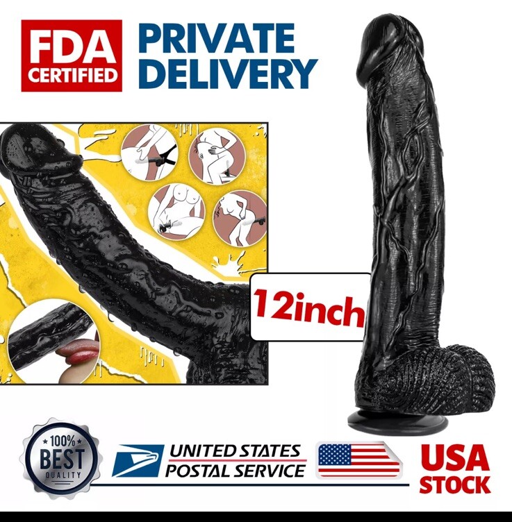 12inch Black Realistic Dildo-Suction-Cup-Big-Cock-Women-Sex-Toy, 100% PVC