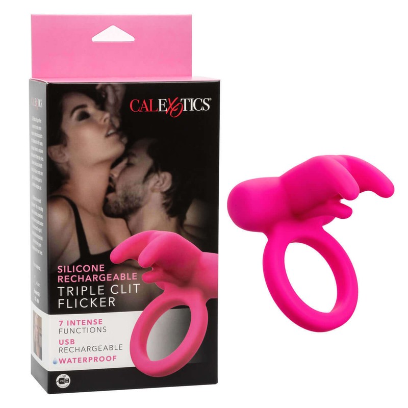 Rechargeable Vibrating Silicone Cock Ring Triple Clit Flicker Pink gallery