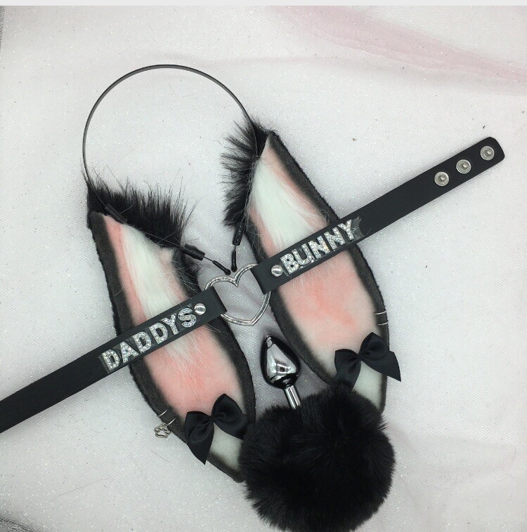 Customized Black Pin Bunny Rabbit Set BDSM Pet Play Tail Ears Collar Plug