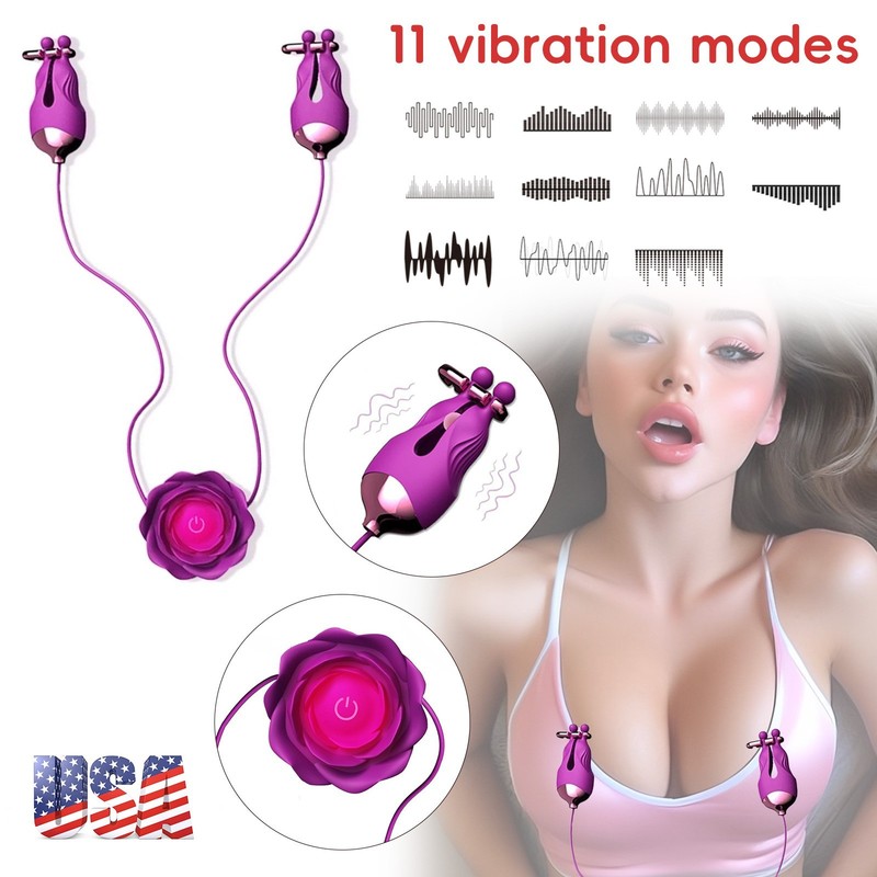 Rose Nipple Vibrator with Chain,Vibrating Nipple Clamps for Women Adult Sex Toys