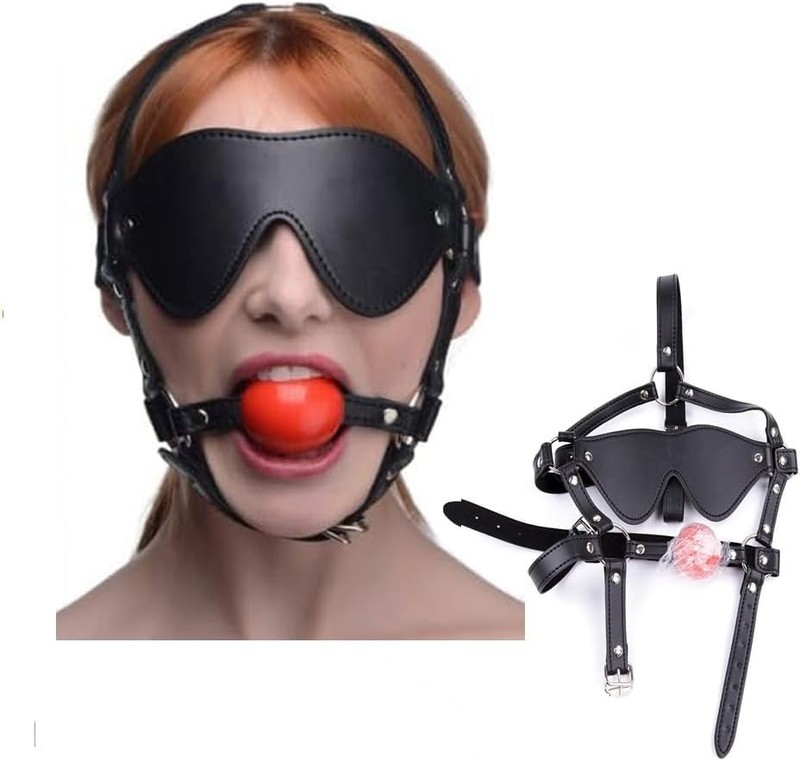 4CM-Ball Open Mouth Gag Blinder PU Leather Head Harness Mask Restraint Fetish
