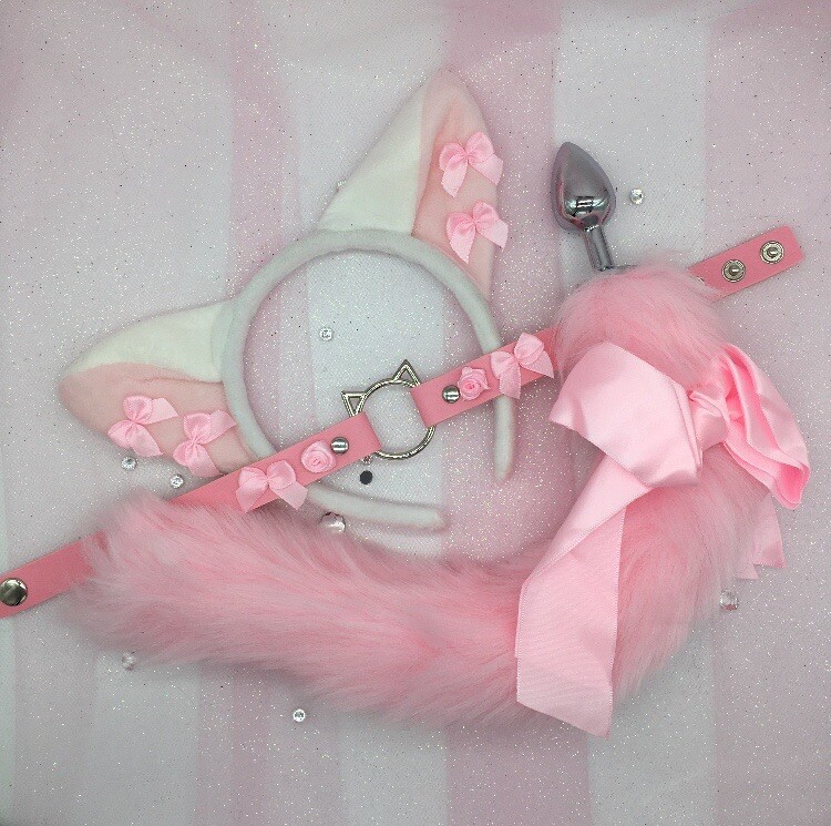 Pink Kitten Cat Set BDSM DDLG PetPlay Tail Ears Collar Butt Plug Pet Play