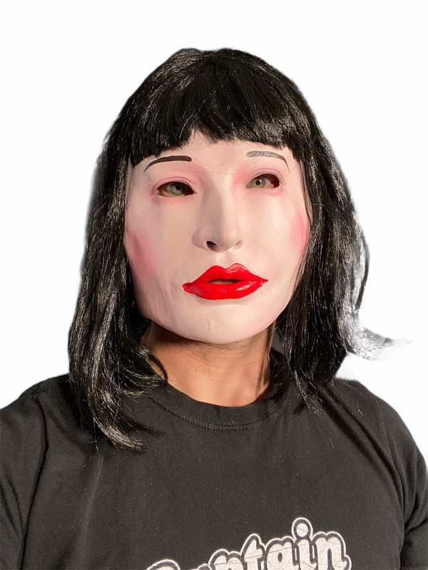 White Female Lady Doll Mask Black Hair Wig Latex Fetish Costume Demi Moore gallery
