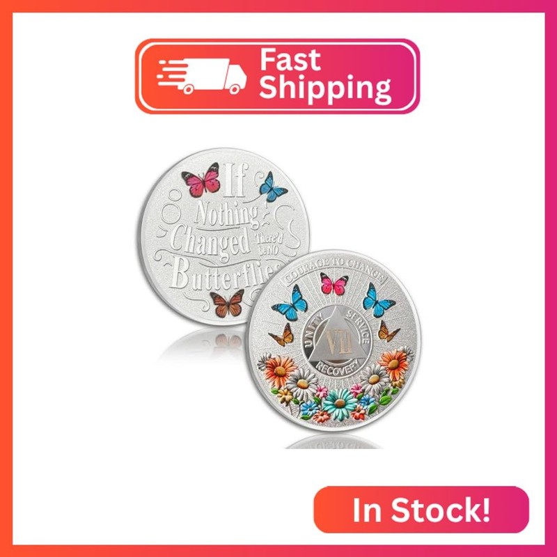 Colorful Sunflower 7 Year Sobriety Coin Butterfly Seven Year Sobriety Chip Coura