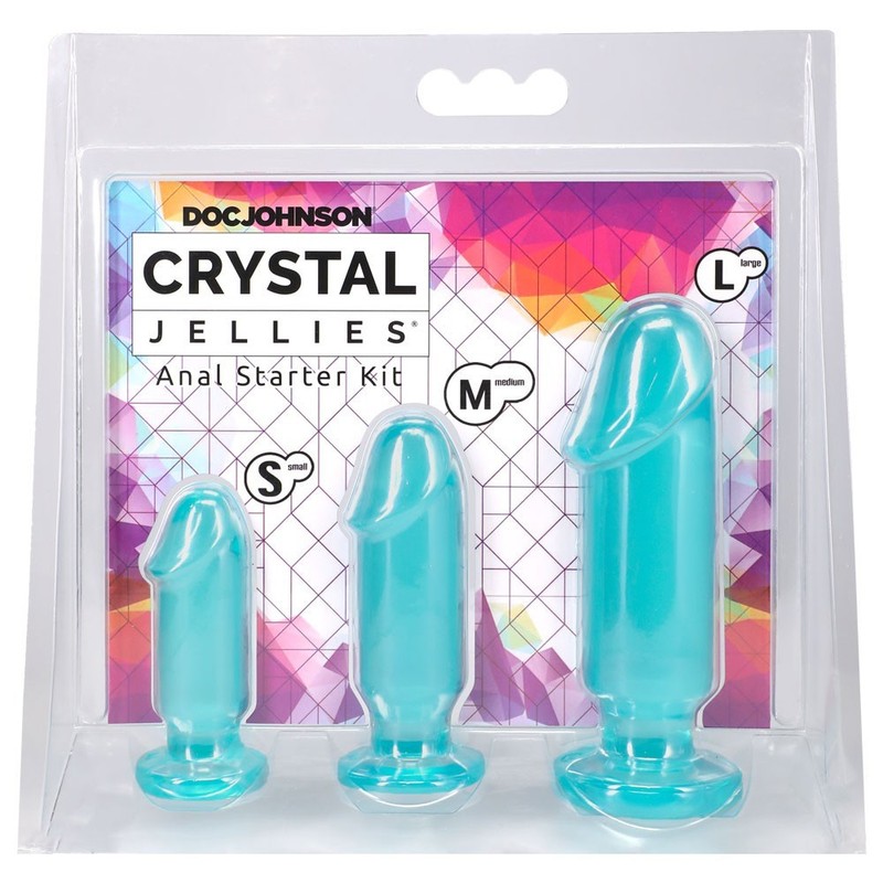 Doc Johnson Crystal Jellies Anal Starter 3pc Kit Dildo – TEAL – SM MED LG