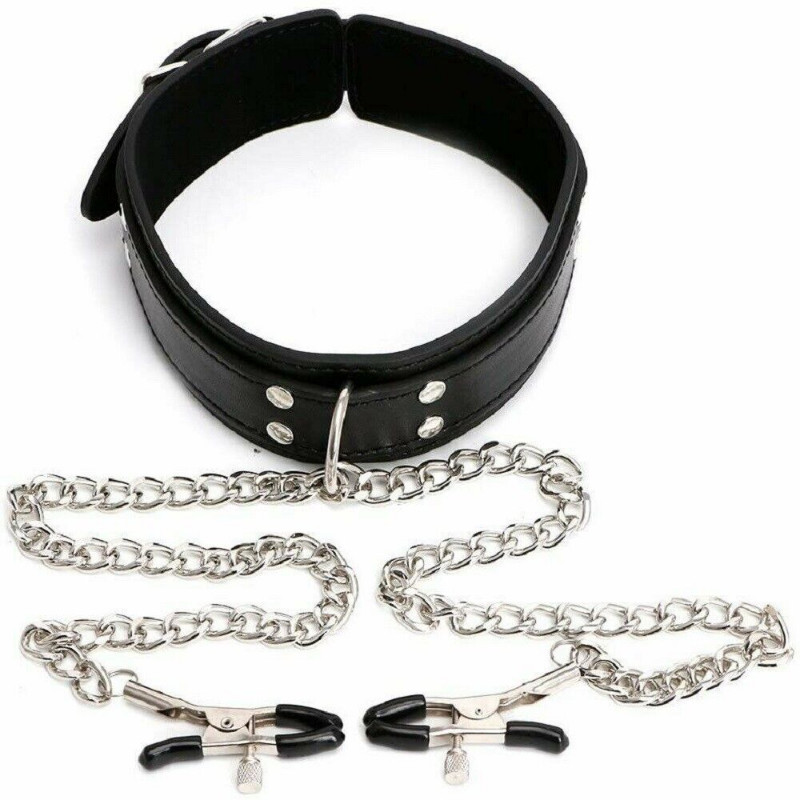 Collar PU Leather With Nipple Clamps BDSM SM Bondage Play Sex Toy for Women Men