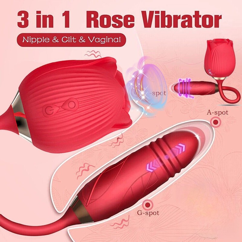 Rose Clit Vibrator Oral Sucking Thrusting Dildo Bullet Sex Toy for-Women