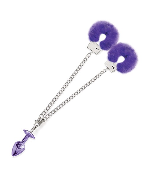 Nixie Metal Butt Plug w/Inlaid Jewel & Fur Cuff Set – Purple Metallic