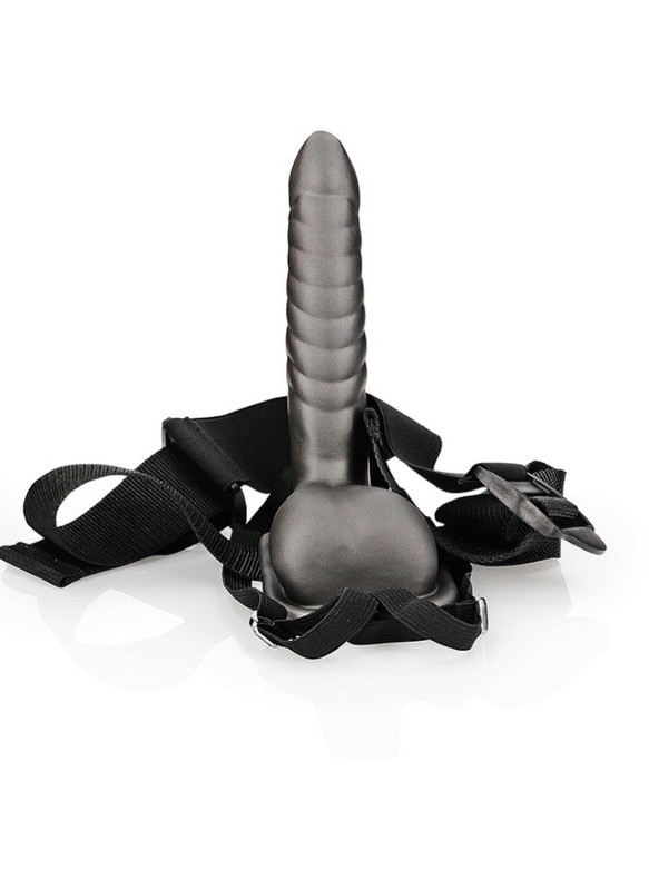 OUCH! SHOTS AMERICA Hollow Strap On With Balls Ribbed Gunmetal 8”/ 21 cm