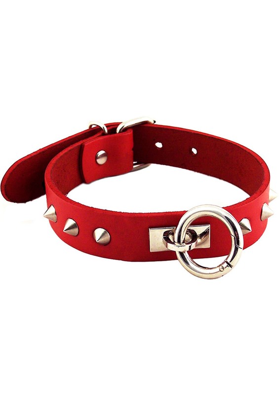 Rouge O Ring Studded Adjustable Leather Collar – Red