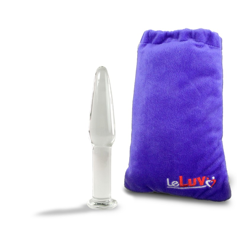 LeLuv Glass Slim Anal Toy Butt Plug Flat Base With Embroidered Padded Pounch