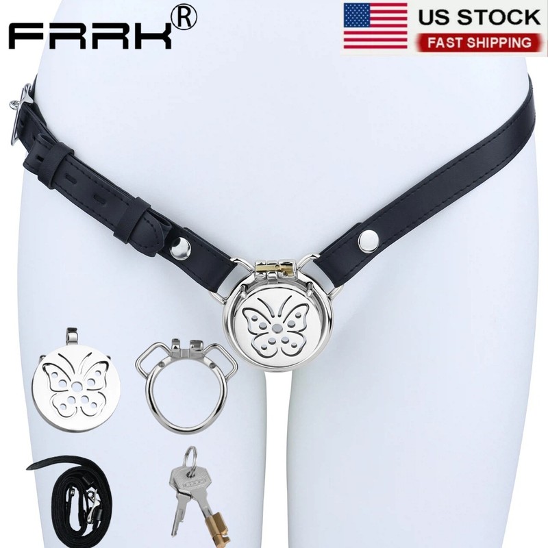 FRRK Stainless Steel Ring Male Chastity Cage Metal Lock Belt Device SM 45 50