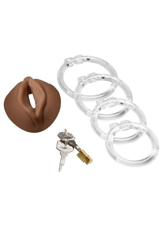 Master Series Pussy Chastity Cage – Soft TPE Cage w/ Harness, Lock & 4 Rings gallery