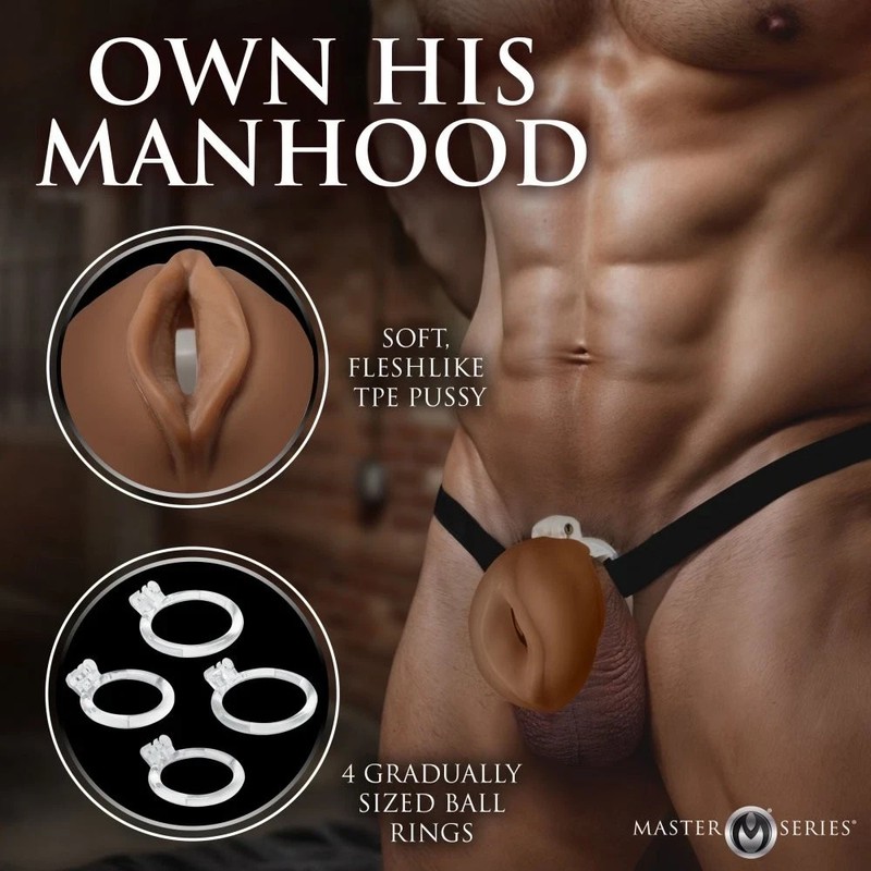 Master Series Pussy Chastity Cage – Soft TPE Cage w/ Harness, Lock & 4 Rings gallery