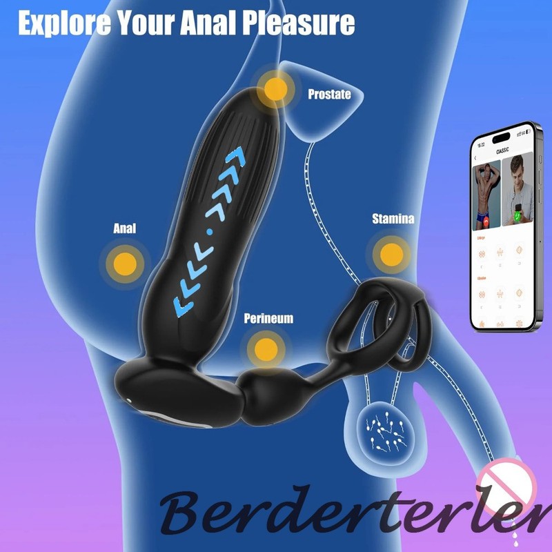 Wireless Bluetooth Telescopic Vibrator Men APP Control Dildo Anal Plug Cock Ring