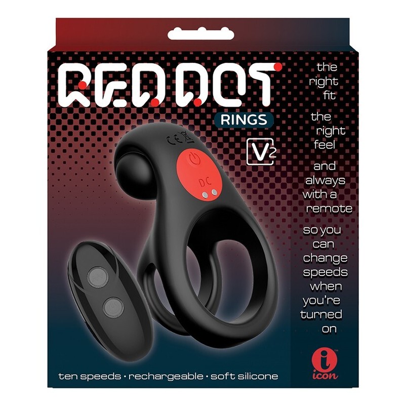 Red Dot Rings- V2- Black USB Rechargeable Vibrating Cock Ball Ring with Remote