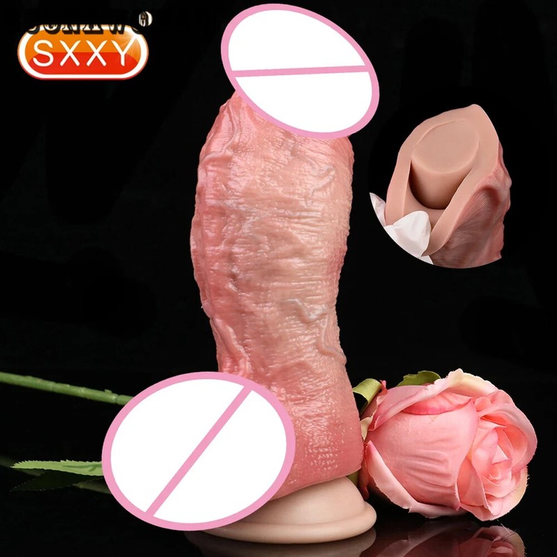 Silicone Large Penis Dildo With Sucker Soft Lifelike Two Layer Butt Plug Sex Toy gallery