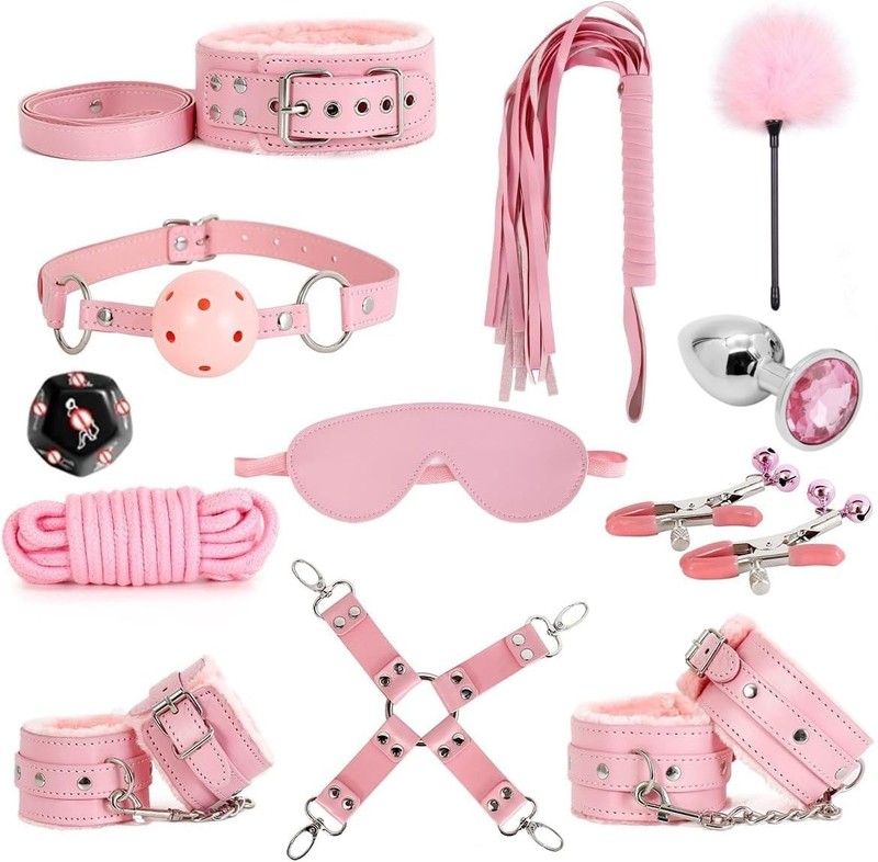 Sex Bondage Restraint Kits BDSM Toys 12 Pcs Handcuffs Ankle Cuffs Anal Pink