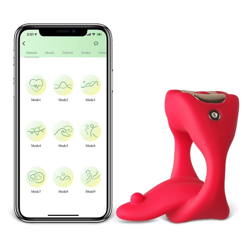 App Controlled Rechargeable Mouth & Tongue Shape Vibrating Penis Ring 9 Speed