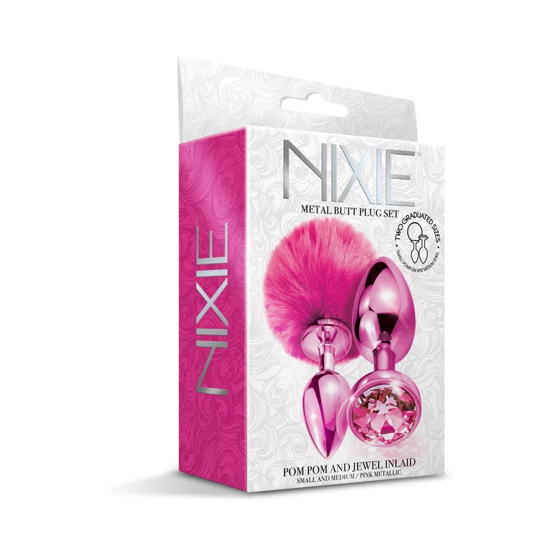 NIXIE Metal Butt Plug Set Pom Pom and Jewel-Inlaid Metallic Pink gallery