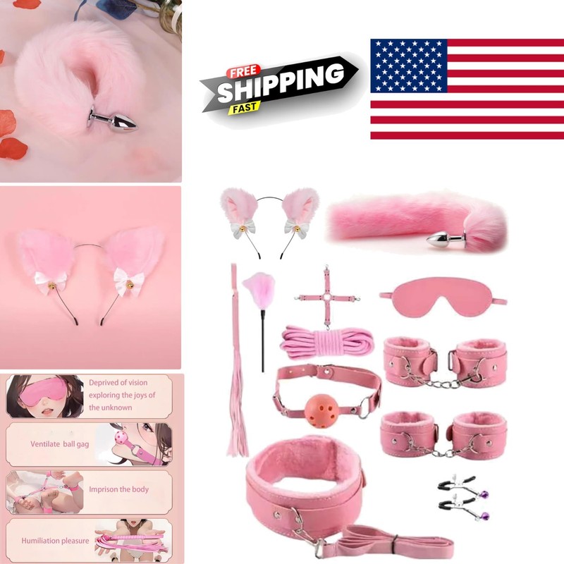 BDSM Bondage Kit 12Pcs Pink Toys with Restraints Blindfold Nipple Clamps