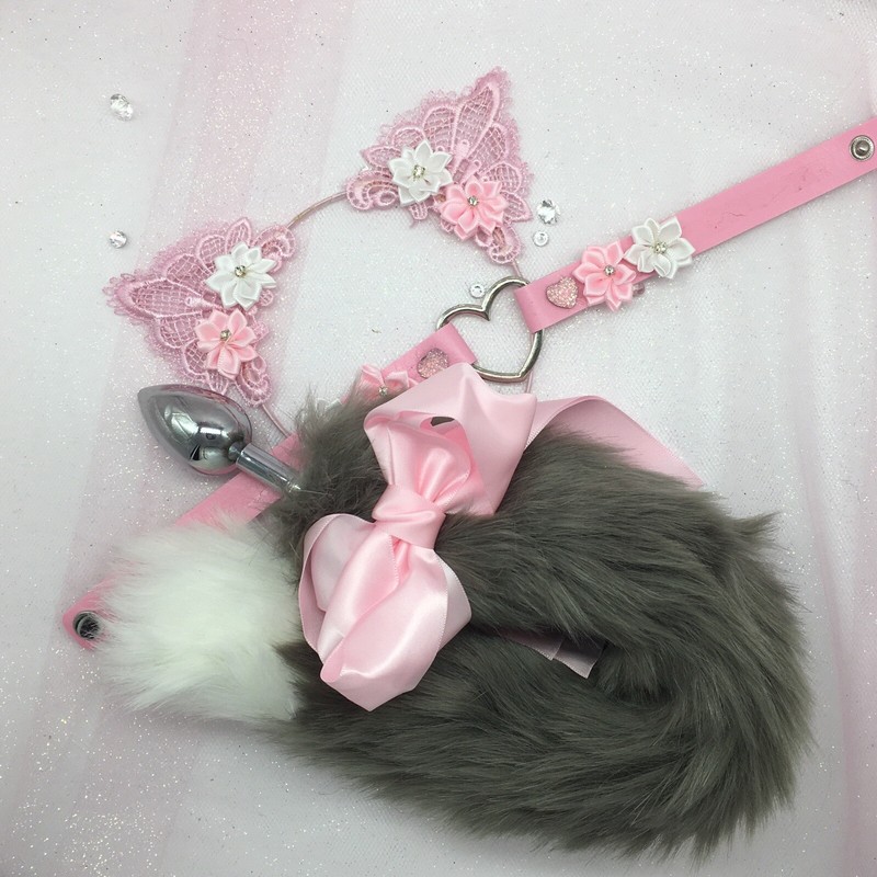 Customized Gray Blue Kitten Cat Set BDSM DDLG PetPlay Tail Ears Collar Butt Plug