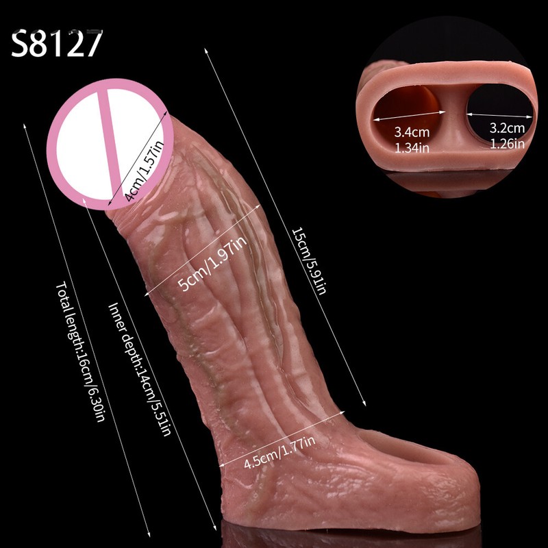 Silicone Penis Sleeve With Foreskin Head Reusable Condoms Rings Extender Sex Toy gallery