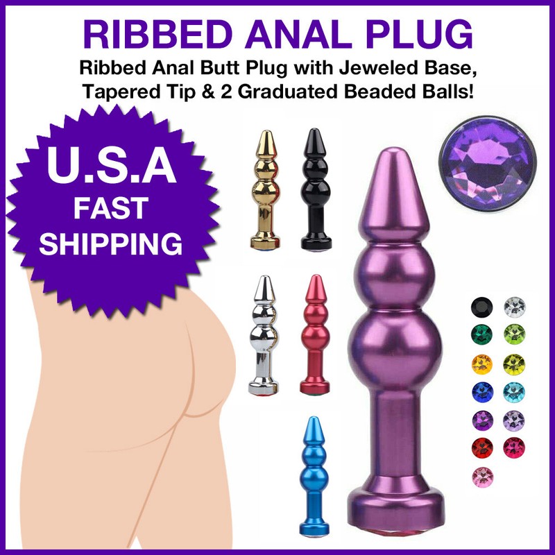 Ribbed Anal Butt Plug Jeweled Diamond w/ Tapered Tip & 2 Graduated Beaded Balls