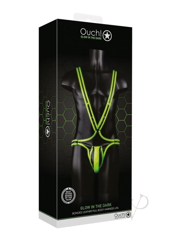 Ouch! Bonded Leather Full Body Harness Glow in the Dark – Large/XLarge – Green