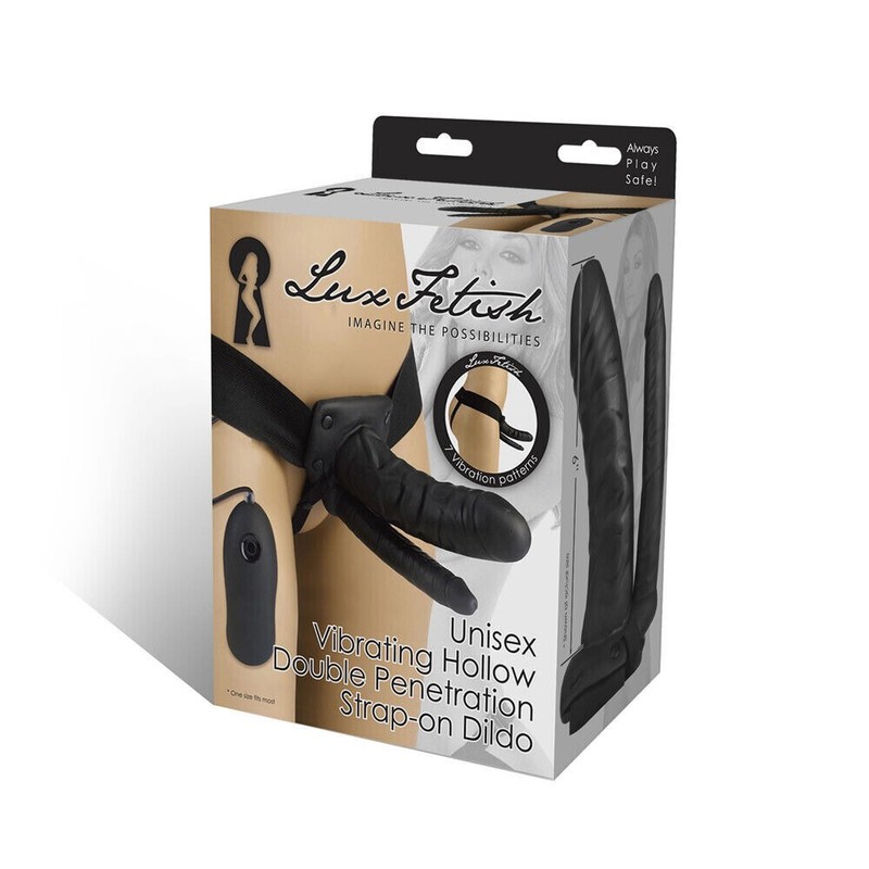 Lux Fetish Unisex Vibrating Hollow Double Penetration Strap-On 6&Prime; Dildo Black