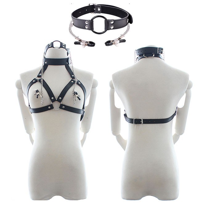 Sexy Women Cupless Bra Neck Collar Body Harness Suit with Mouth Gag Nipple Clamp